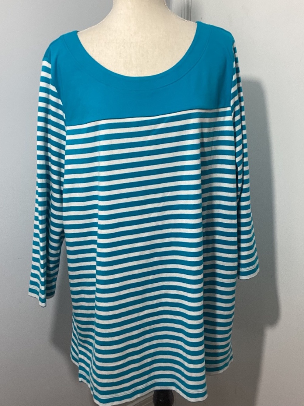 NWT KIM ROGERS WOMAN 3X TURQUISE WHITE STRIPED COLORBLOCK TUNIC 3/4 SLEEVE